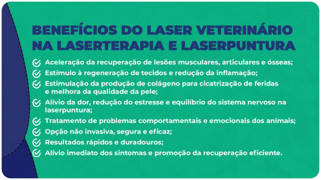 Benefícios do laser veterinário na laserterapia e laserpuntura
Aceleração da recuperação de lesões musculares, articulares e ósseas;
Estímulo à regeneração de tecidos e redução da inflamação;
Estimulação da produção de colágeno para cicatrização de feridas e melhora da qualidade da pele;
Alívio da dor, redução do estresse e equilíbrio do sistema nervoso na laserpuntura;
Tratamento de problemas comportamentais e emocionais dos animais;
Opção não invasiva, segura e eficaz;
Resultados rápidos e duradouros;
Alívio imediato dos sintomas e promoção da recuperação eficiente.
